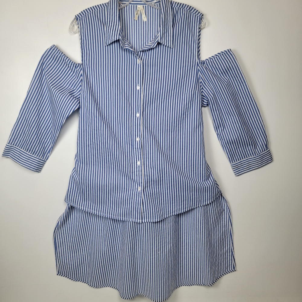 Truth NYC Cold Shoulder High Low Hem Tie Back Striped Button Down Top, EUC, szXL